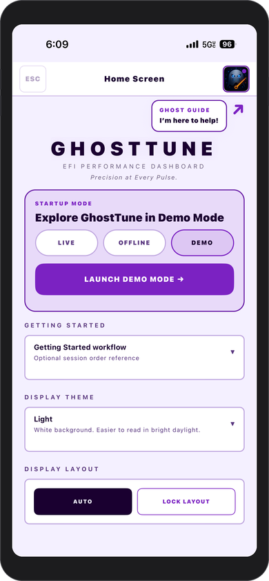 GhostTune Home screen showing connection and mode controls