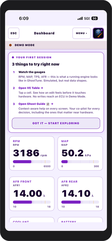 GhostTune live dashboard showing ECU gauges
