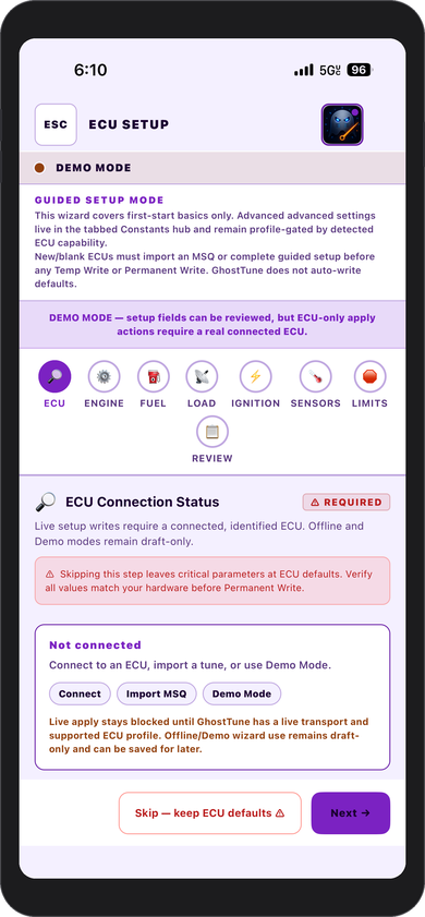GhostTune cranking and startup tuning screen
