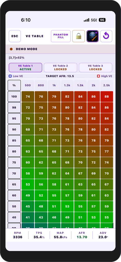 GhostTune VE table editor with color-coded cells