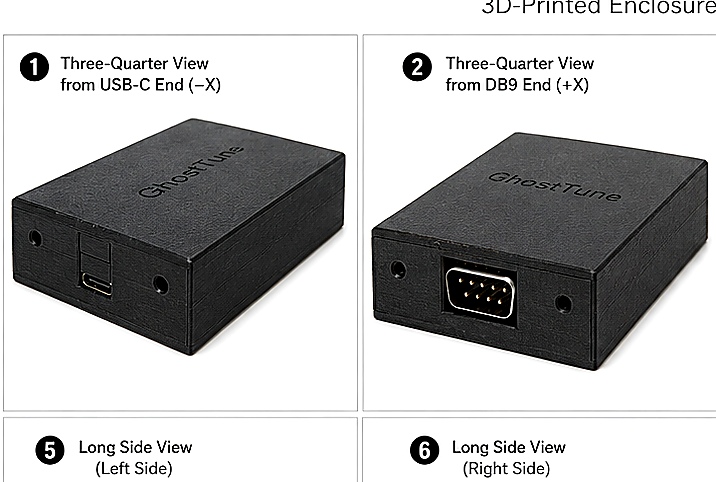 GhostBridge enclosure shown from three-quarter angles with USB-C and DB9 ends visible