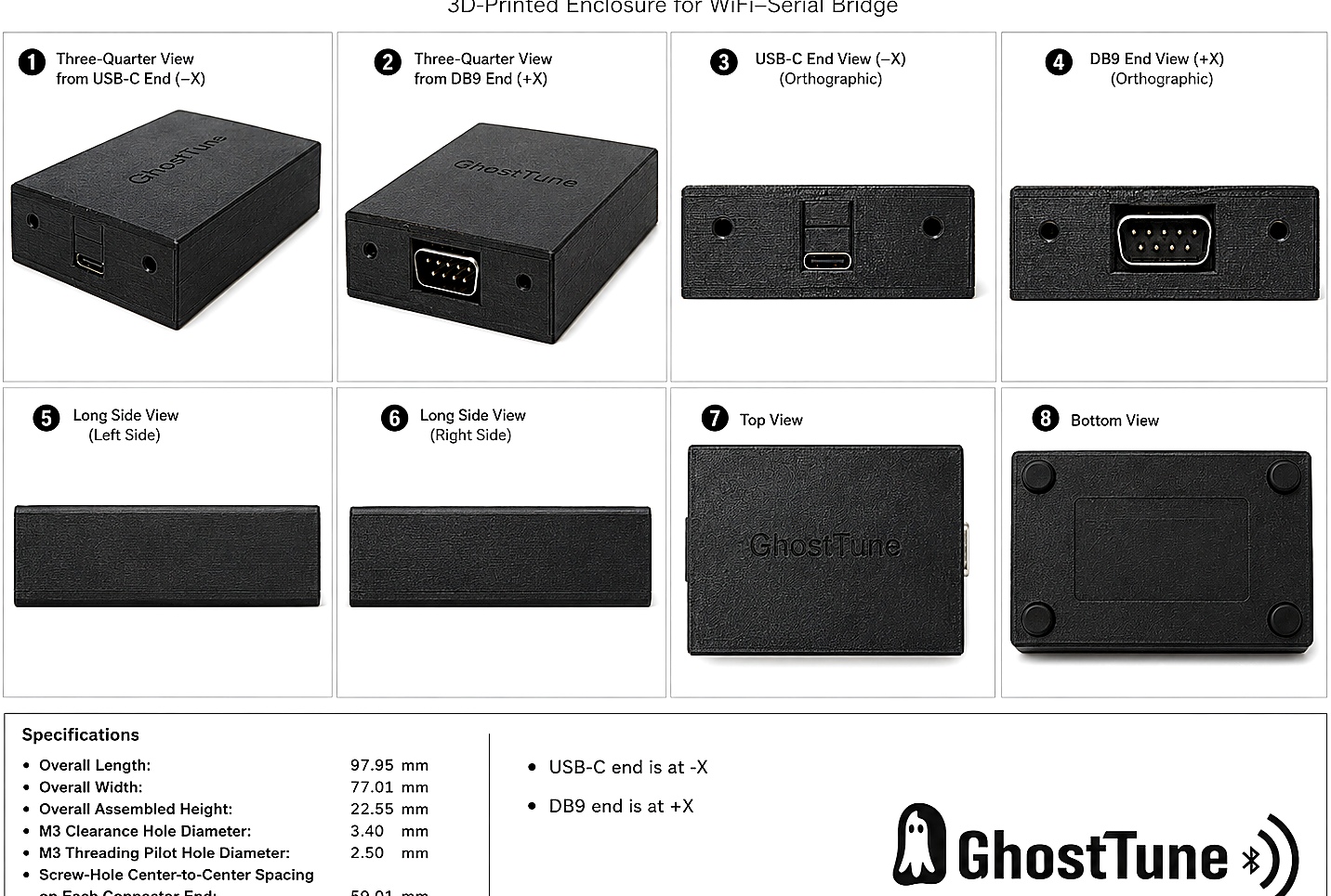 GhostBridge Rev 12 enclosure product sheet with exterior views